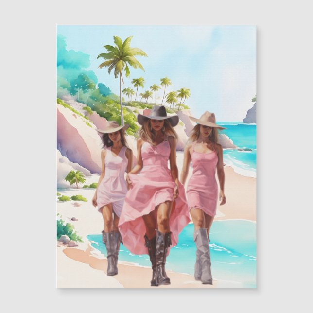 Imán de Isla Tropical Trío Rosa de Vaquera Costera (Anverso)