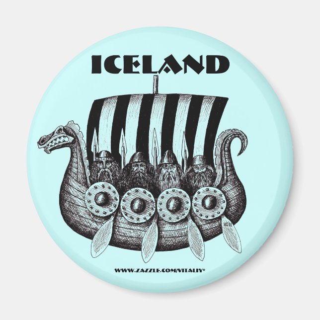 Imán de Islandia con vikingos en arte de tinta de  (Frente)
