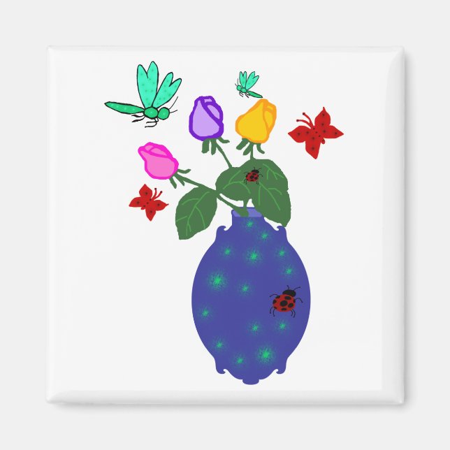 imán de jarrón de rosa de mariposa y libélula (Frente)