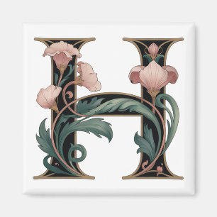 Imán de letra H rosa y verde Art Nuevo