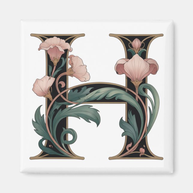 Imán de letra H rosa y verde Art Nuevo (Frente)