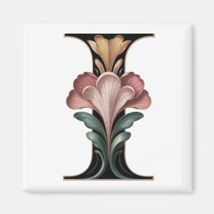 Imán de letra I floral rosa y verde Art Nouveau