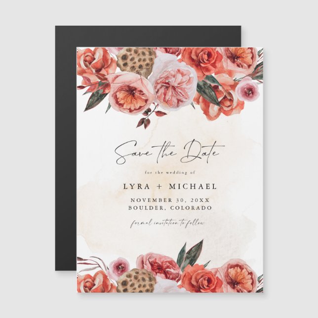 Imán de LYRA Bohemian Fall Floral Save the Date (Anverso/Reverso)