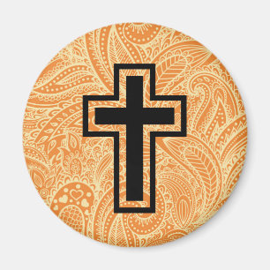 Imán de madera cruzado cristiano santo anaranjado