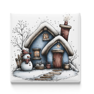 Imán de Navidad Blue Winter Cottage
