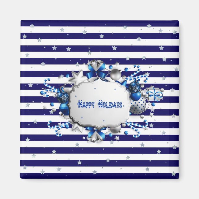 Imán de Navidad con rayas azules (Frente)
