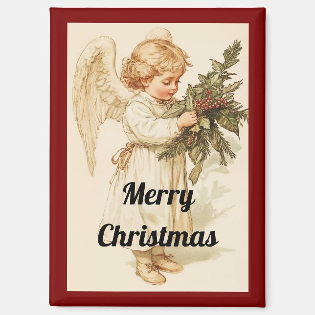 Imán de Navidad de Ángel Vintage con Acebo (Anverso)