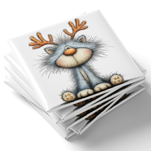 Imán de Navidad de Gato Reno Caprichoso (Whimsical Reindeer Cat Christmas Magnet by PiggyPrint Stickers.)