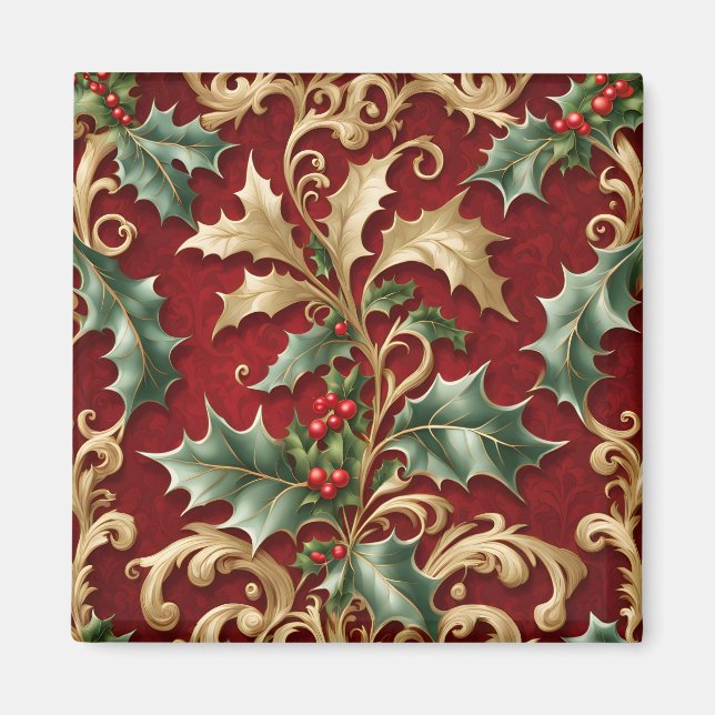 Imán de Navidad de hojas rojas verdes doradas (Frente)