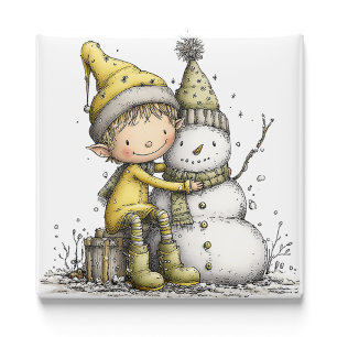 Imán de Navidad de Muñeco de Nieve Elfo Amarillo