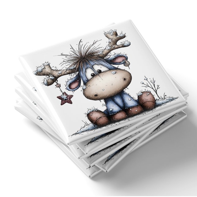 Imán de Navidad de Reno Bebé Azul Caprichoso (Whimsical Blue Baby Reindeer Christmas Magnet by PiggyPrint Sticker.)