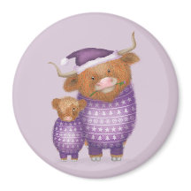 Imán de Navidad de ternera y vaca Highland linda