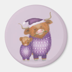 Imán de Navidad de ternera y vaca Highland linda