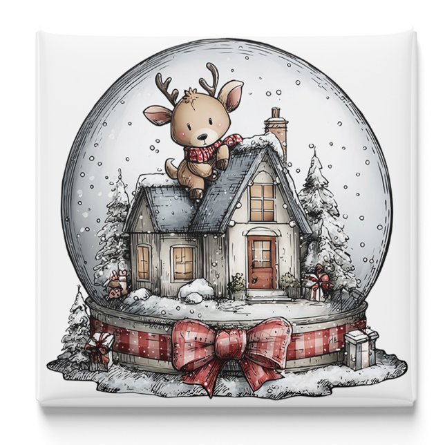 Imán de Navidad Globo de Nieve Invierno Reno (Reindeer Winter Snow Globe Christmas Magnet by PiggyPrint Sticker.)