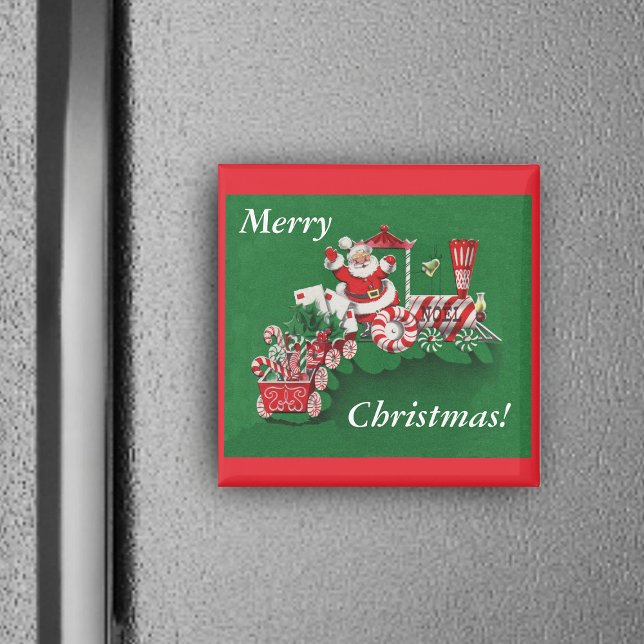 Imán de Navidades de Santa (Santa on train peppermint candy wheels candy canes on red green Christmas square magnet.)