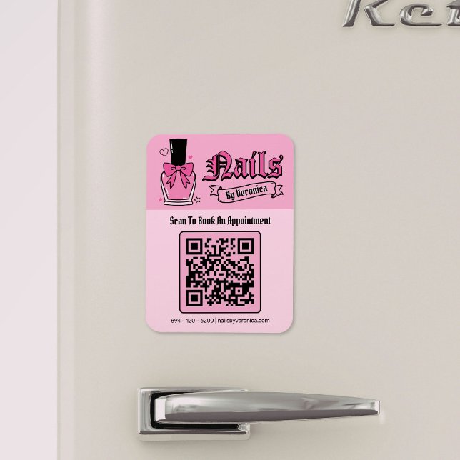 Imán de nevera con código QR de técnico de uñas gó (Pink Gothic Nail Technician QR Code Fridge Magnet)