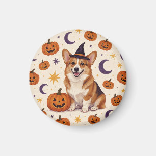 Imán de nevera de Corgi en la parcela de calabazas
