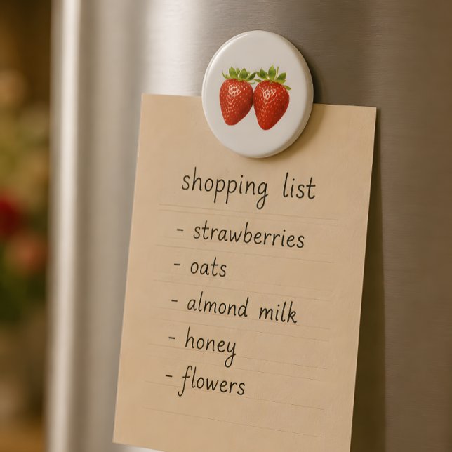 Imán de nevera de fresa fresca (Cute strawberry magnet for cozy kitchens and shopping lists.)
