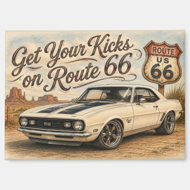 Imán de nevera de la Ruta 66 Vintage | (Anverso)