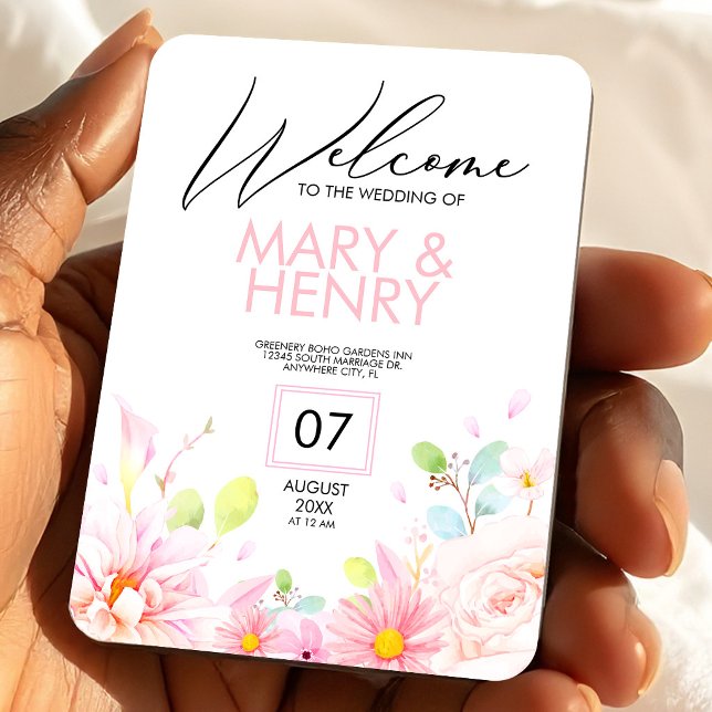 Imán de nevera de recuerdo de boda 'Save the Date' (Pink Floral Save the Date Wedding Keepsake Fridge Magnet, Wedding Favors)