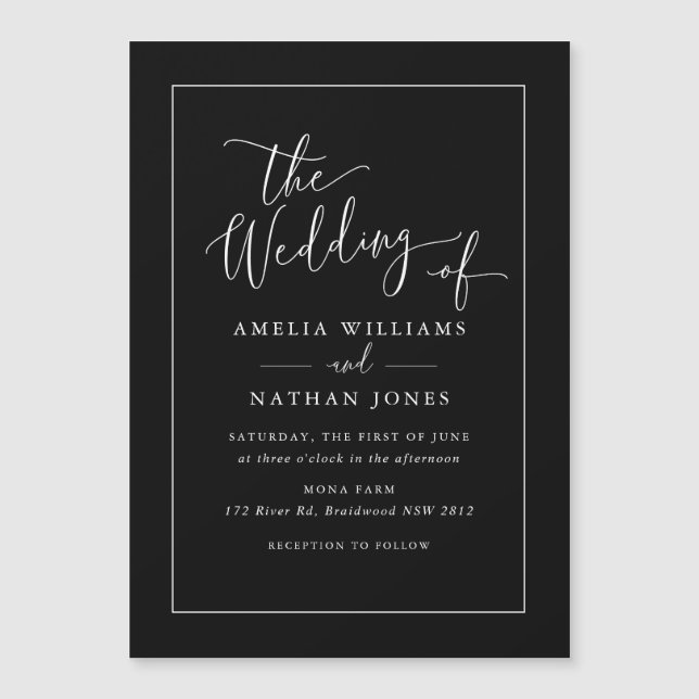 Imán de nevera para invitación de boda en blanco y (Anverso)