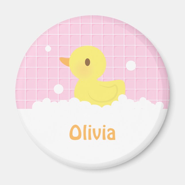 Imán de niña con patito de goma en la ducha (Frente)