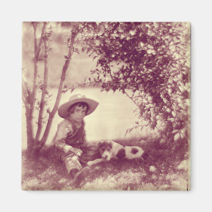 Imán de Niño Antiguo con Perro en Descanso
