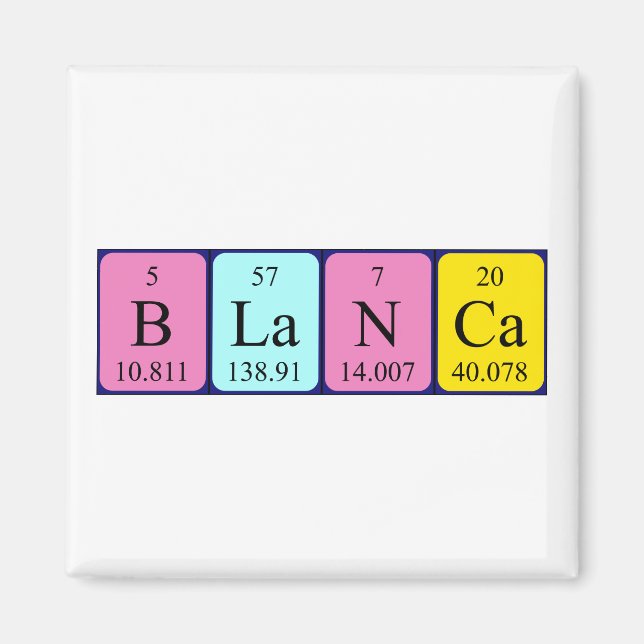 imán de nombres de tabla periódica de Blanca (Frente)