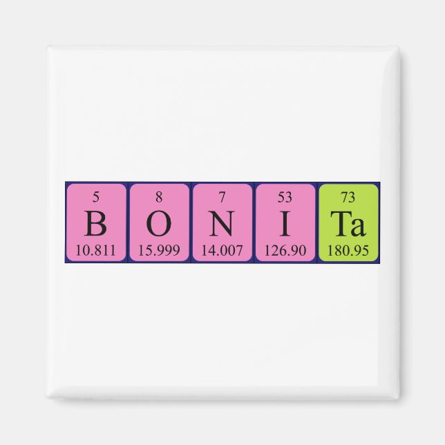 Imán de nombres de tabla periódica de Bonita (Frente)