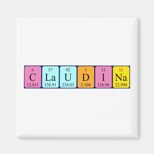 imán de nombres de tabla periódica de Claudina (Frente)