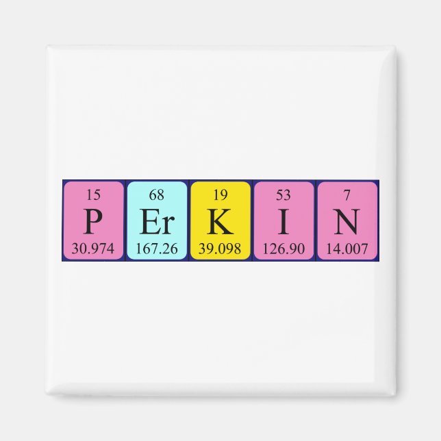 Imán de nombres de tabla periódica Perkin (Frente)