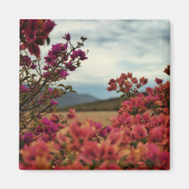 Imán de paisaje de flores de buganvilla rojas rosa