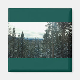 Imán de paisajes montañosos de pinos cubiertos de 
