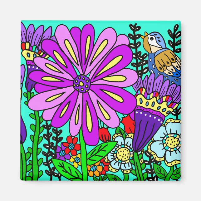 Imán de pájaro y flores de estilo de arte popular  (Frente)