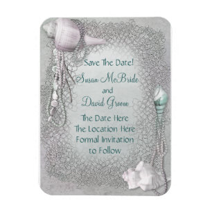 Imán de Pearl Seashell Beach Wedding Save The Date