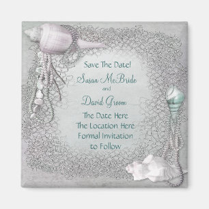Imán de Pearl Seashell Beach Wedding Save The Date