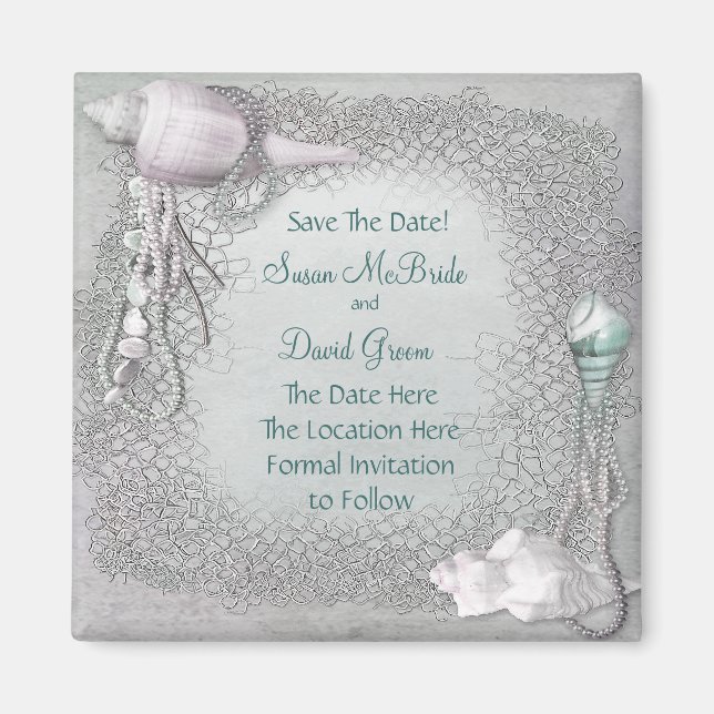 Imán de Pearl Seashell Beach Wedding Save The Date (Frente)