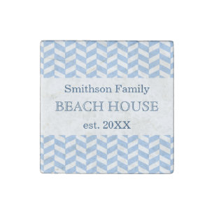 Imán De Piedra Herringbone Blue White Beach House Personalizado