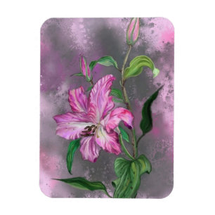 Imán de pintura de flores de lirio rosa morado