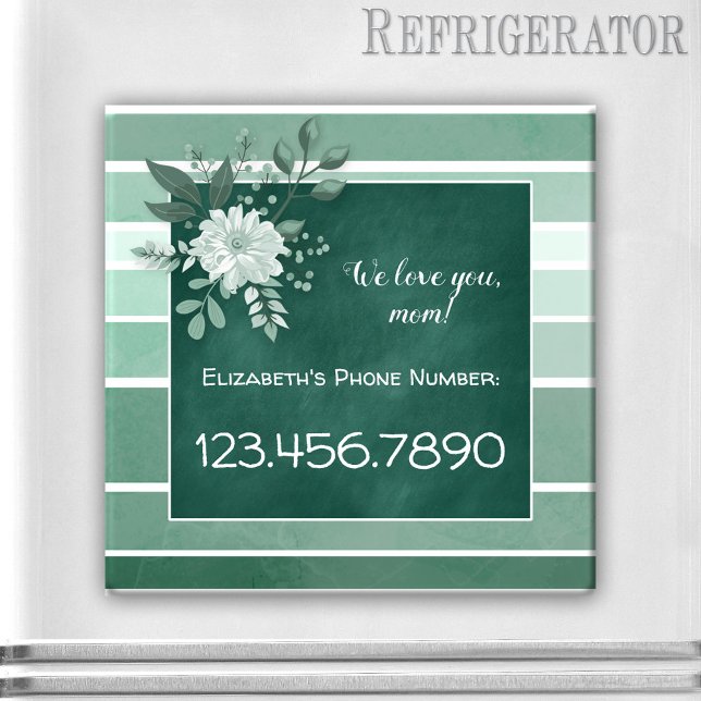 Imán de pizarra verde con flores a rayas (Magnet featuring a green chalkboard image framed by an elegant green and white floral striped design)
