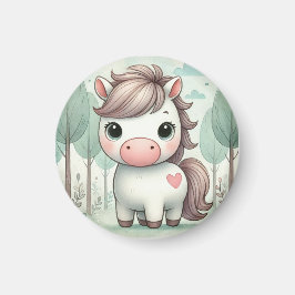 Imán de pony caprichoso en un bosque pastel