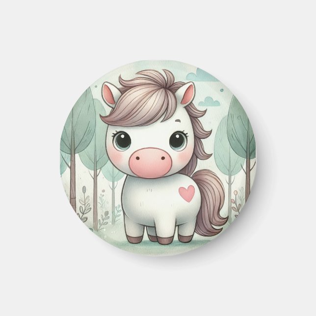 Imán de pony caprichoso en un bosque pastel (Frente)