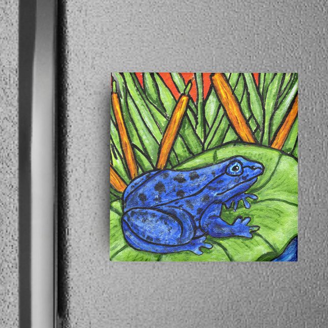 Imán de rana Pois0n Azul (Blue poison frog on lily pad yellow reeds grass blades on square magnet.)