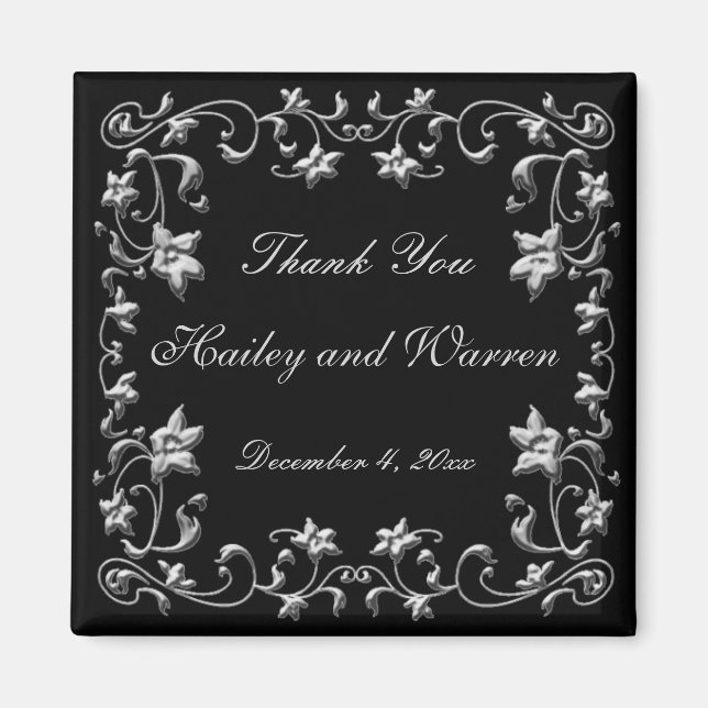 Imán de recuerdo de boda floral negro y peltre (Frente)