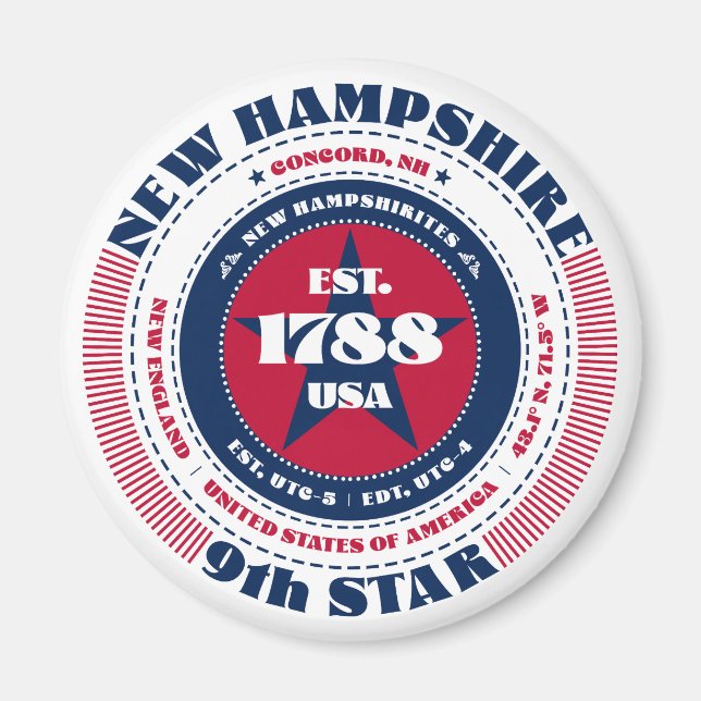 Imán de recuerdo de datos del estado de New Hampsh (Frente)