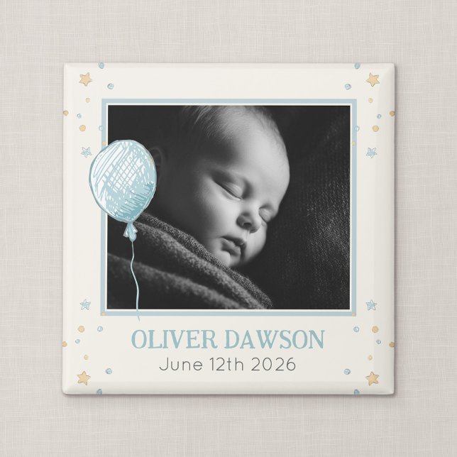 Imán de recuerdo para anuncio de bebé con globo so (Balloon Daydream - 2" Square New Baby Magnet Keepsake)