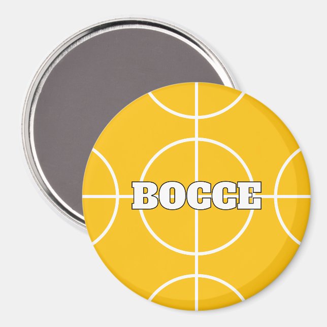 Imán de refrigerador Bocce Ball amarillo con texto (Anverso/Reverso)