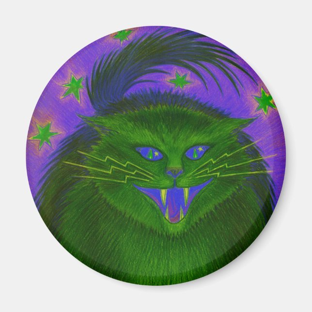 Imán de refrigerador verde gato asustado (Frente)