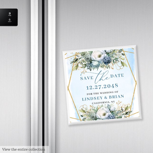 Imán de "Save Date" de lujo en azul polvoriento co (Luxury Dusty Blue Gold Glitter Save the Date Magnet)