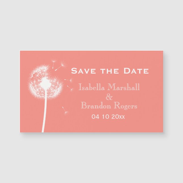 Imán de Save the Date asequible Coral Dandelion (Anverso)